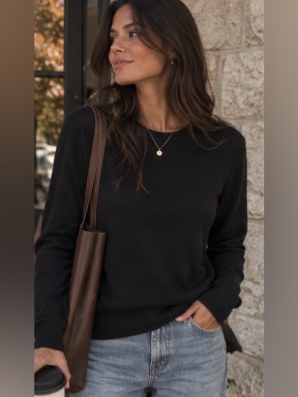 Quince Lightweight Cotton Cashmere Black Crewneck Sweater